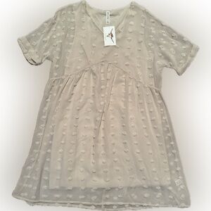 NWT Zenana Outfitters Sz Small Cream  Casual Tank Dress w/ Pom Pom dot overlay